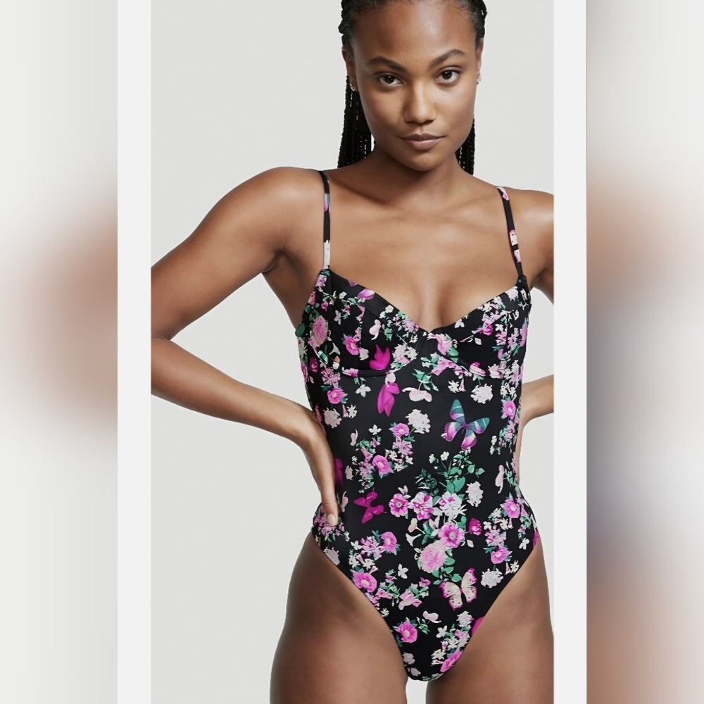 🌈 Victoria's Secret Essential Wicked Black and Pink Floral Butterfly Swimsuit